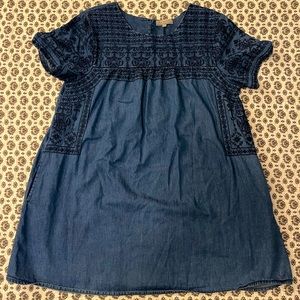 Denim Blue Embroidered Mini Dress (w/Pockets!)